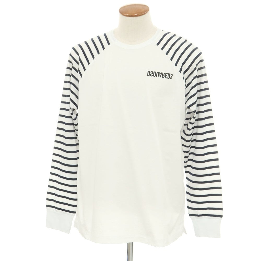 【新品アウトレット】ディースクエアード DSQUARED2 コットン クルーネック 長袖Ｔシャツ ホワイトxネイビー【 M 】【 状態ランクN- 】【 メンズ 】
