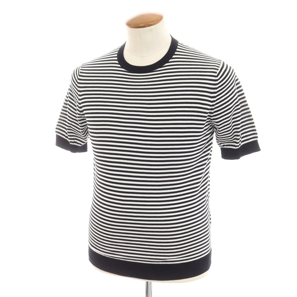 【新品】フィリッポ デ ローレンティス FILIPPO DE LAURENTIIS  ハイゲージ コットン ボーダー クルーネック 半袖 プルオーバーニット ブラックxホワイト【 46 】【 状態ランクN 】【 メンズ 】