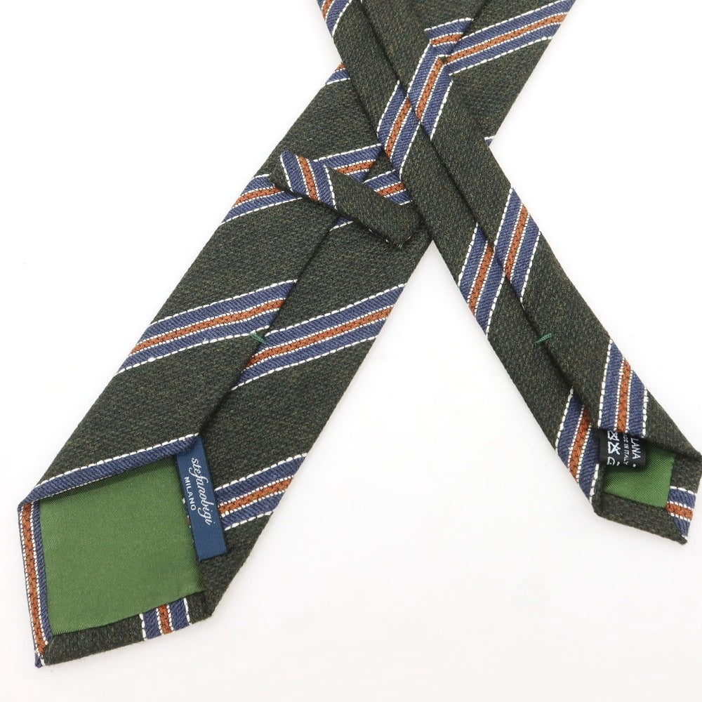 【新品】ステファノ ビジ stefano bigi ウール シルク ストライプ柄ネクタイ ダークグリーンxオレンジ【 状態ランクN 】【 メンズ 】 [EPD]