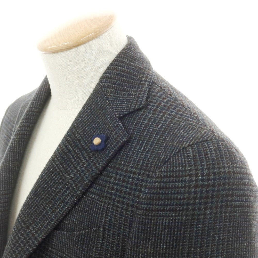 【中古】ラルディーニ LARDINI ウールポリエステル チェック テーラードジャケット ダークグレーxボルドー系【サイズ44】【 状態ランクB 】【 メンズ 】 [DPD]