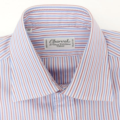 【中古】シャルベ CHARVET コットン ストライプ ドレスシャツ ブルーxホワイト×レッド【 37 】【 状態ランクC 】【 メンズ 】