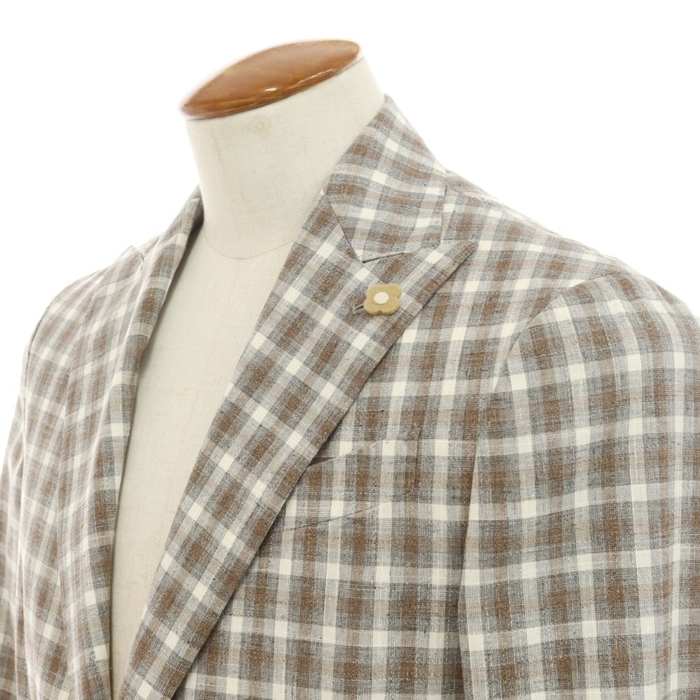 【中古】ラルディーニ LARDINI ウールコットンリネン チェック テーラードジャケット グレーxブラウン【 46 】【 状態ランクB 】【 メンズ 】