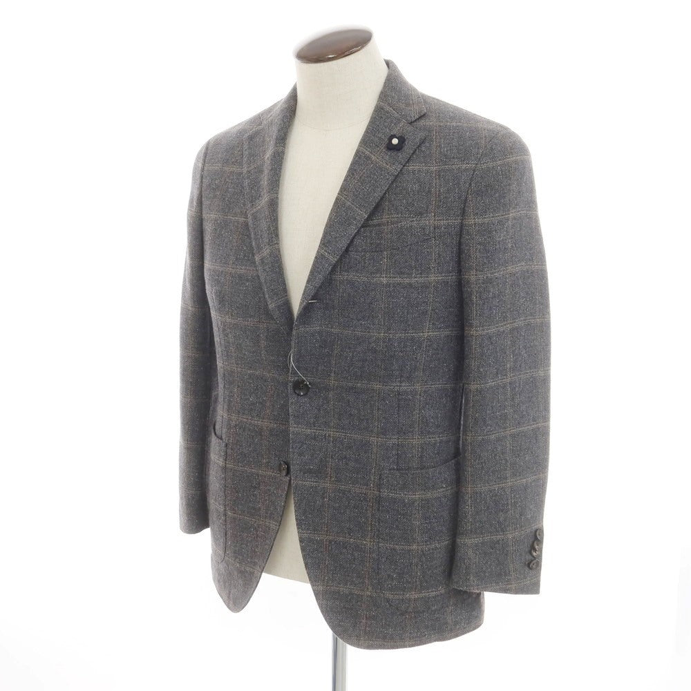 【中古】ラルディーニ LARDINI ウールコットンリネン チェック テーラードジャケット グレーxベージュ【 48 】【 状態ランクB 】【 メンズ 】