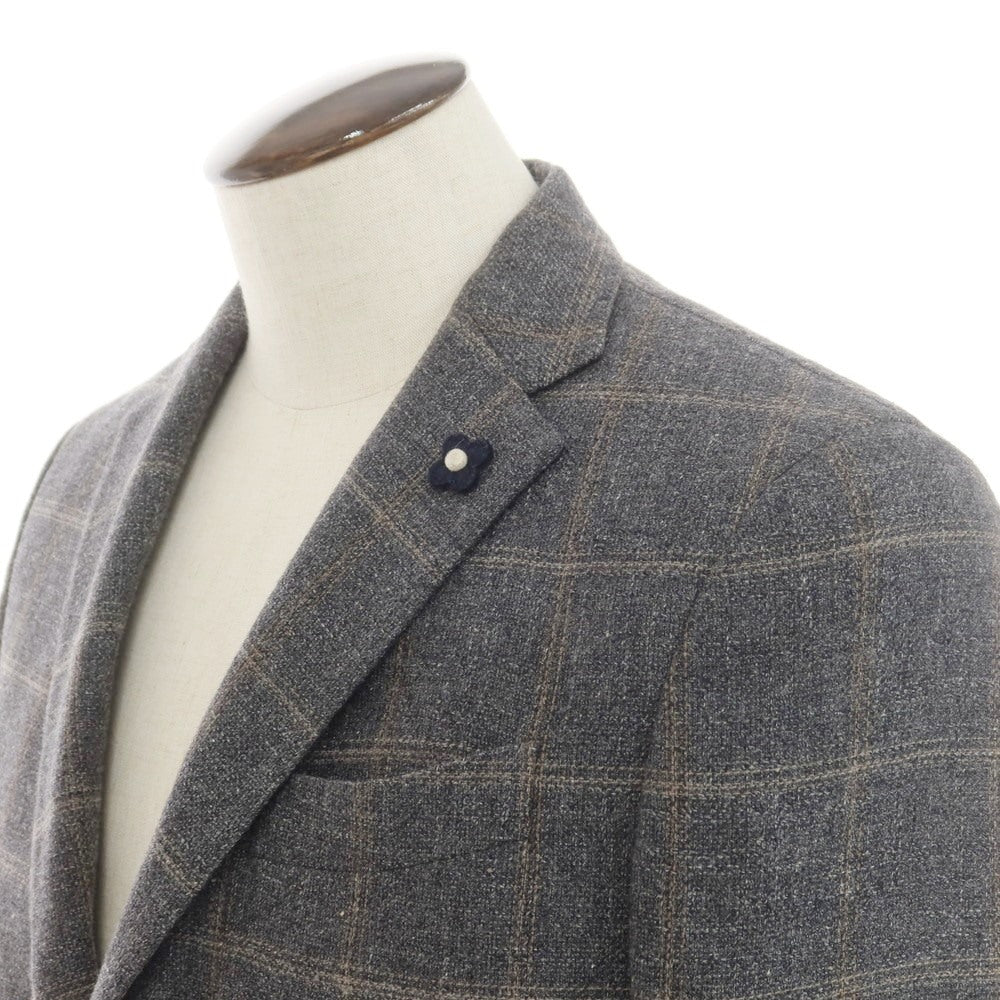 【中古】ラルディーニ LARDINI ウールコットンリネン チェック テーラードジャケット グレーxベージュ【 48 】【 状態ランクB 】【 メンズ 】