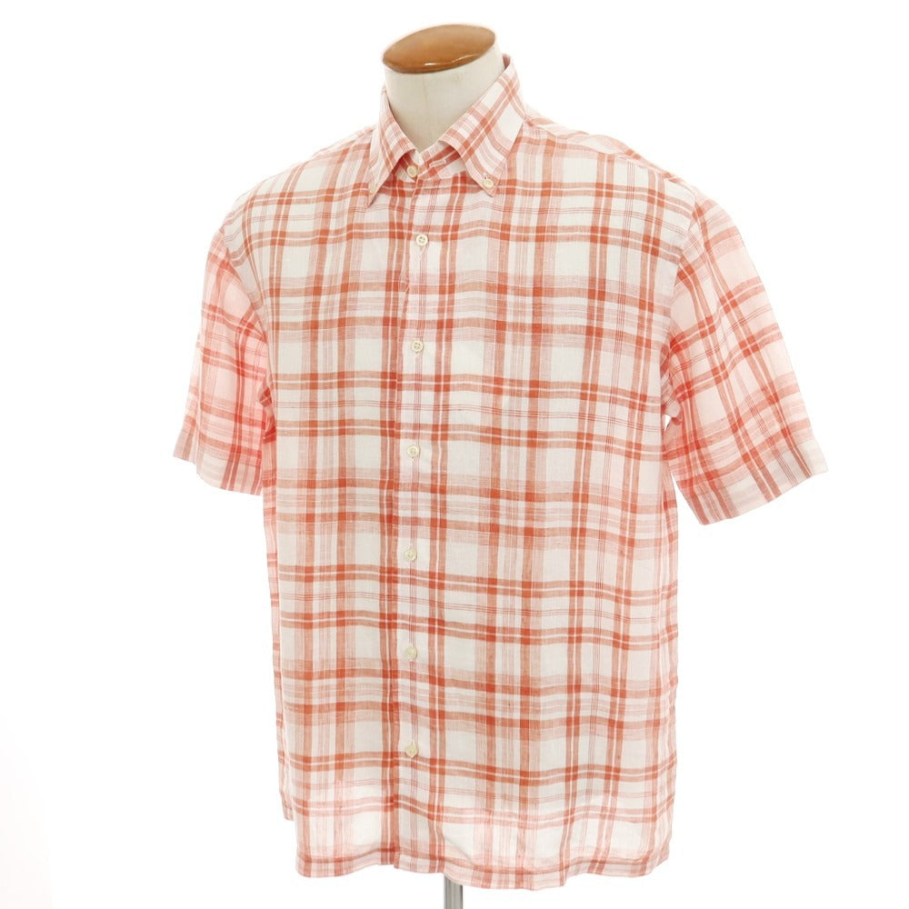 [Used] GUY ROVER SHIPS special order linen check button-down short-sleeve shirt white x orange red [M] [Condition rank C] [Men&
