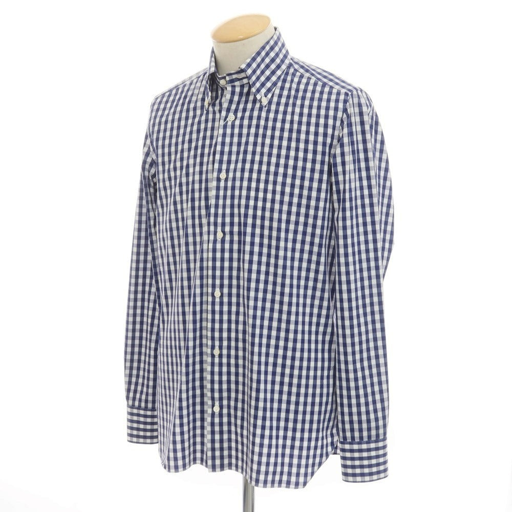 [Used] Luigi Borrelli Stretch Cotton Nylon Gingham Check Button-Down Casual Shirt Navy x White [38] [Condition Rank B] [Men&