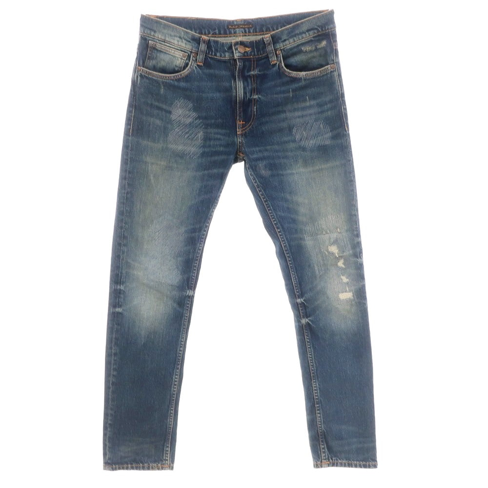 【中古】ヌーディージーンズ Nudie Jeans クラッシュ＆リペア加工 ストレッチ コットン ジーンズ デニムパンツ ネイビー【 32 】【 状態ランクB 】【 メンズ 】