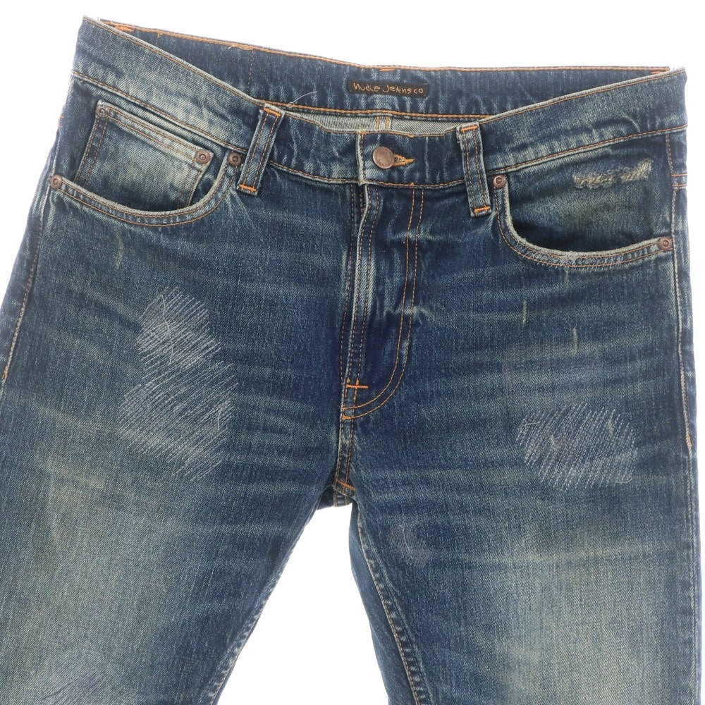 【中古】ヌーディージーンズ Nudie Jeans クラッシュ＆リペア加工 ストレッチ コットン ジーンズ デニムパンツ ネイビー【 32 】【 状態ランクB 】【 メンズ 】
