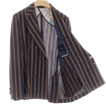 [Used] [Unused] G-Stage Polyester Cotton Stripe 6B Double Casual Jacket Navy x Light Brown [46] [Condition Rank S] [Men&
