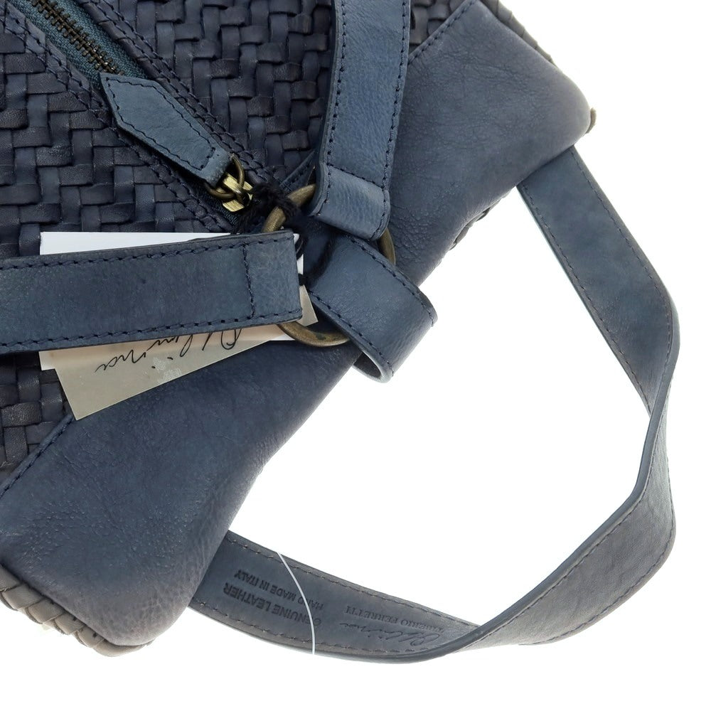 [Used] TIBERIO FERRETTI Zainetto Intrecciato Leather Backpack, Navy [Condition Rank D] [Men&