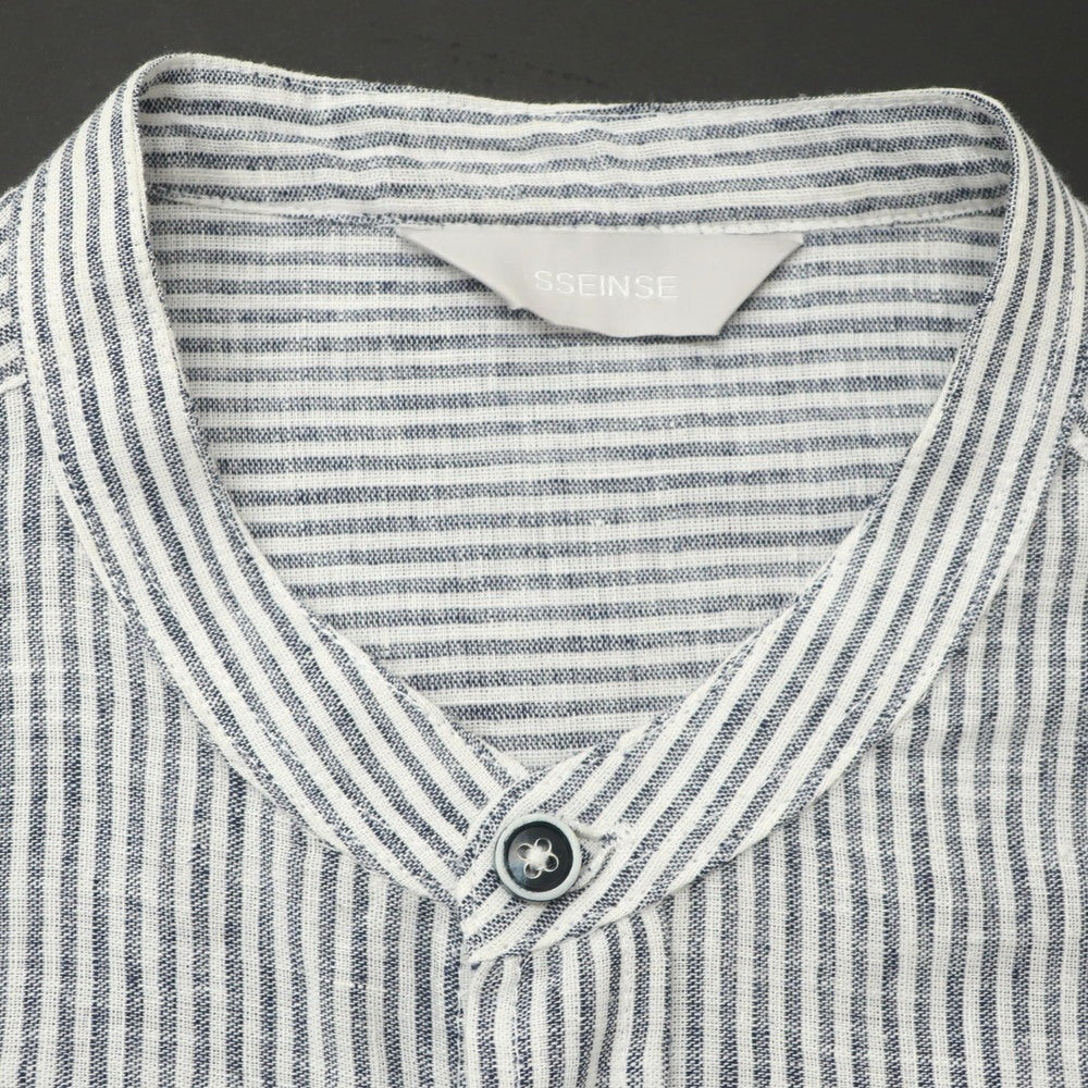 [New] SSEINSE Linen Cotton Striped Band Collar Casual Shirt Navy x White [S] [Condition Rank N] [Men&
