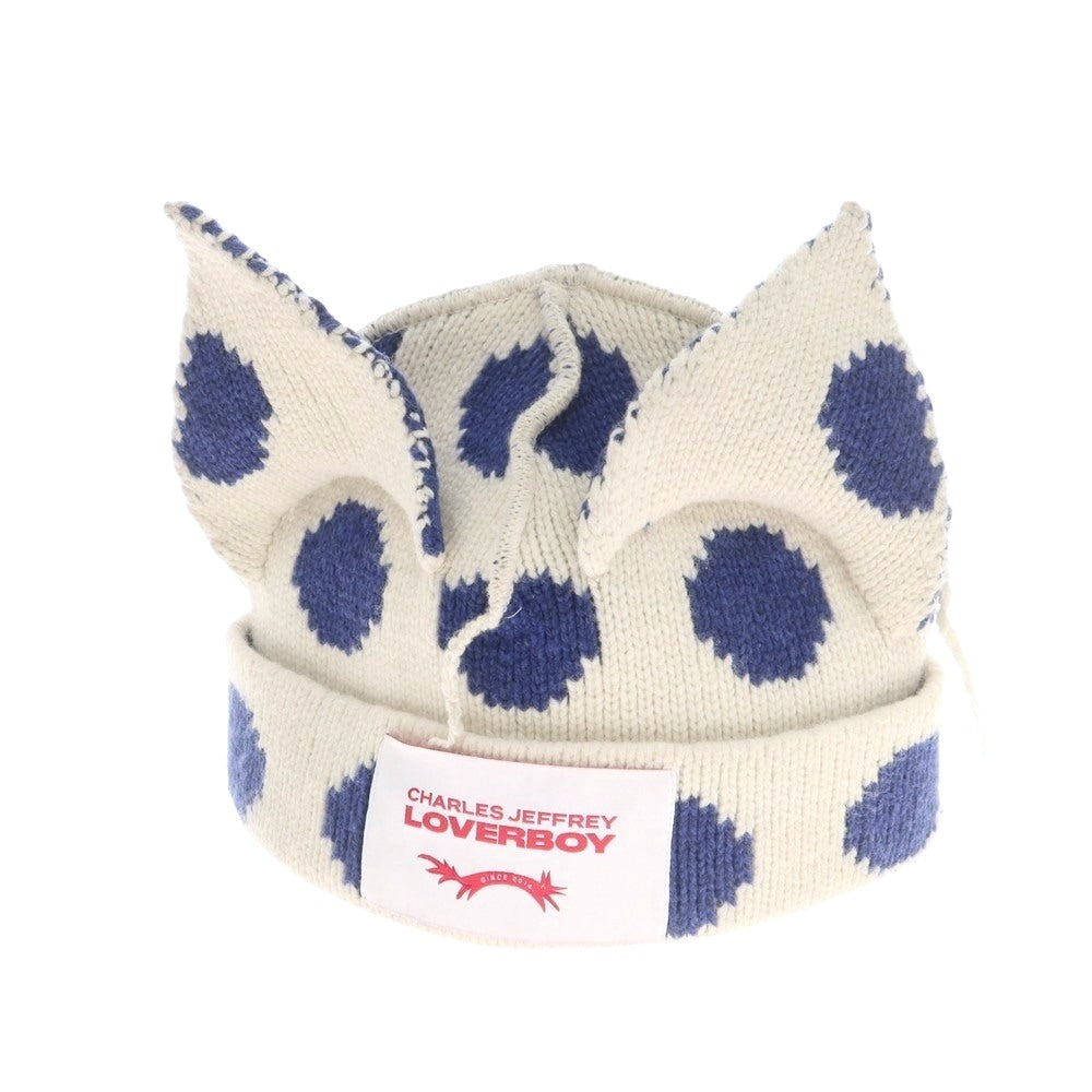 【中古】チャールズジェフリーラバーボーイ Charles Jeffrey LOVERBOY ミドルゲージウール ドット柄 ニットキャップ ホワイトxブルー【 状態ランクC 】【 メンズ 】