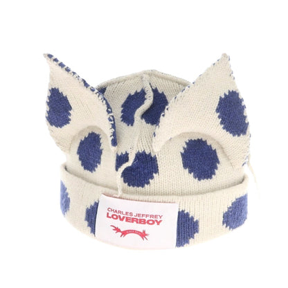 【中古】チャールズジェフリーラバーボーイ Charles Jeffrey LOVERBOY ミドルゲージウール ドット柄 ニットキャップ ホワイトxブルー【 状態ランクC 】【 メンズ 】