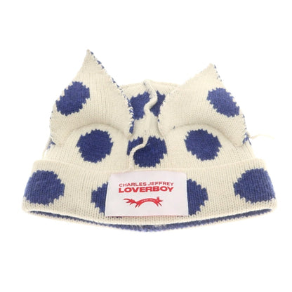 【中古】チャールズジェフリーラバーボーイ Charles Jeffrey LOVERBOY ミドルゲージウール ドット柄 ニットキャップ ホワイトxブルー【 状態ランクC 】【 メンズ 】