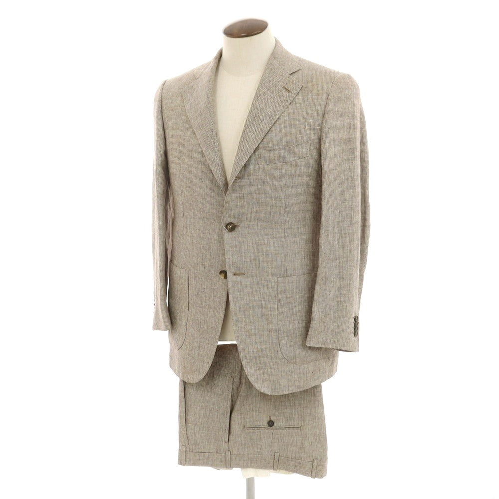 【中古】イザイア ISAIA リネン ハウンドトゥース柄 3つボタンスーツ ブラウンxホワイト【 48 】【 状態ランクB 】【 メンズ 】