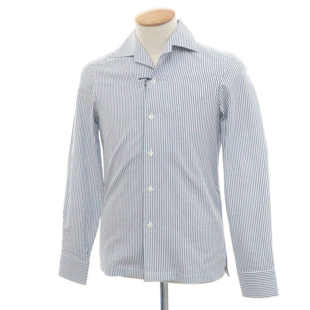 [Used] ERRICO FORMICOLA Cotton Seersucker Striped Open Collar Casual Shirt Light Navy x White [37] [Condition Rank C] [Men&