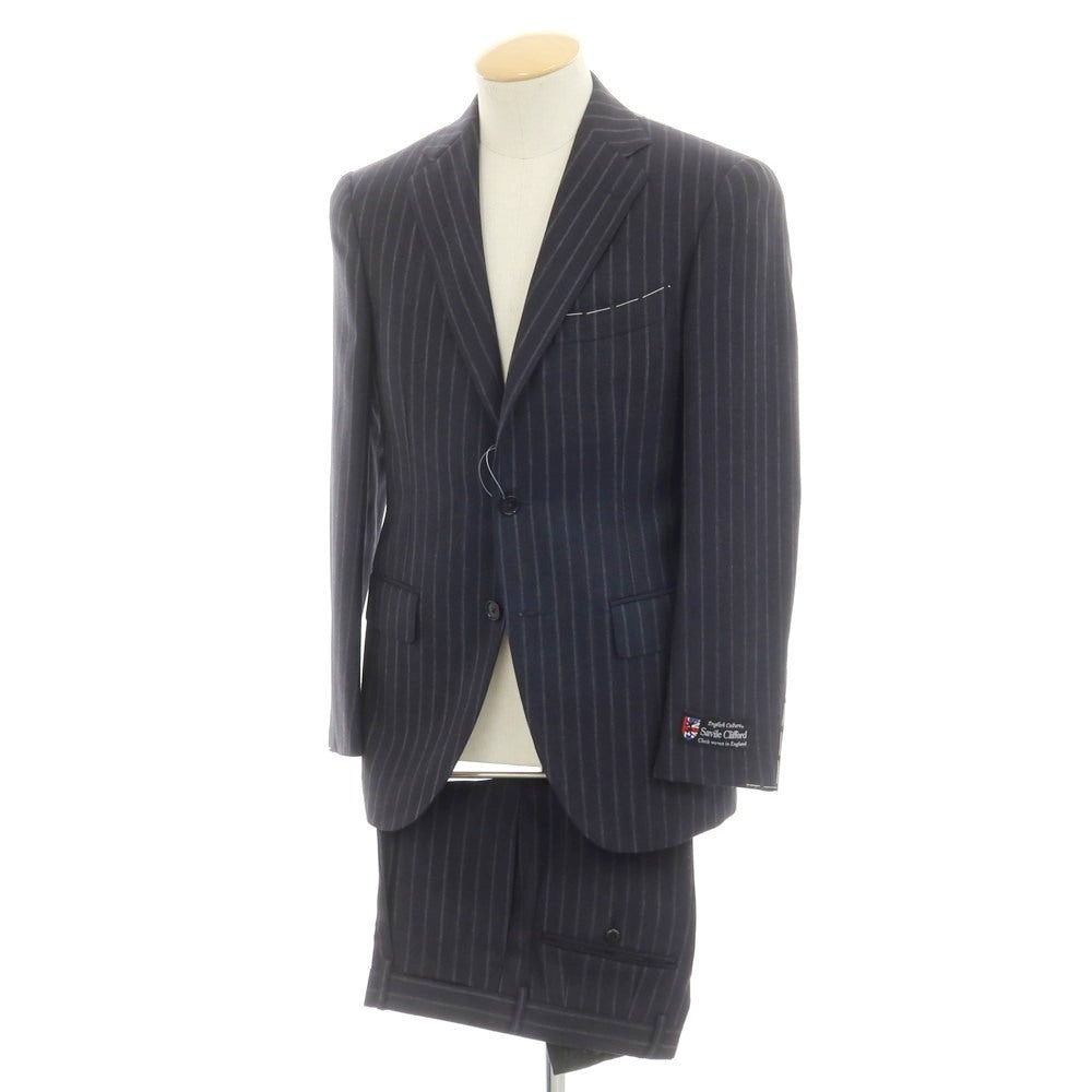 【中古】ビームスエフ BEAMS F サマーウール ストライプ 3つボタンスーツ ダークネイビーxグレー【 サイズ90 】【 状態ランクC 】【 メンズ 】 [EPD]