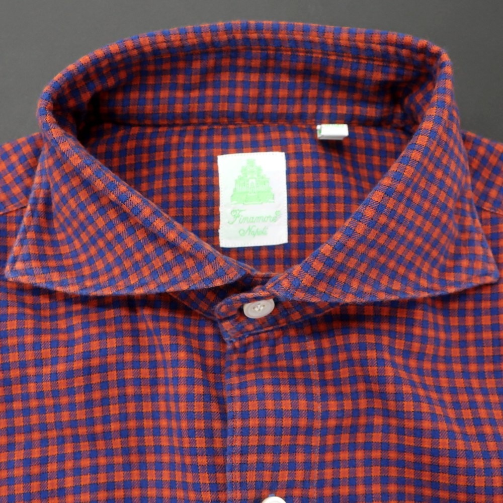 [Used] Finamore Cotton Check Horizontal Collar Casual Shirt Orange x Blue [38] [Condition Rank B] [Men&