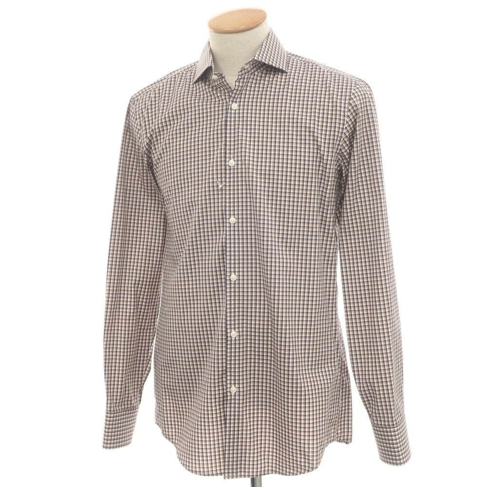 【中古】ヒューゴボス HUGO BOSS コットン チェック ホリゾンタルカラー カジュアルシャツ ベージュxネイビー【 38 】【 状態ランクA 】【 メンズ 】