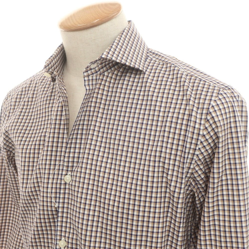 【中古】ヒューゴボス HUGO BOSS コットン チェック ホリゾンタルカラー カジュアルシャツ ベージュxネイビー【 38 】【 状態ランクA 】【 メンズ 】