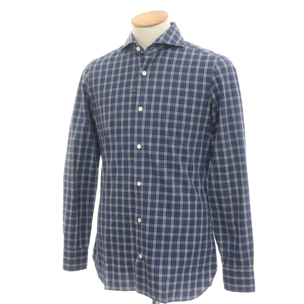 [Used] Luigi Borrelli Cotton Check Horizontal Collar Casual Shirt Navy [S] [Condition Rank B] [Men&
