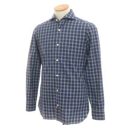 [Used] Luigi Borrelli Cotton Check Horizontal Collar Casual Shirt Navy [S] [Condition Rank B] [Men&