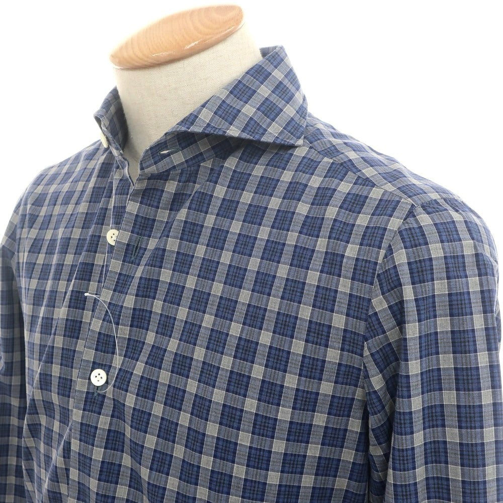 [Used] Luigi Borrelli Cotton Check Horizontal Collar Casual Shirt Navy [S] [Condition Rank B] [Men&