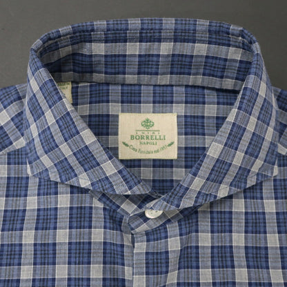 [Used] Luigi Borrelli Cotton Check Horizontal Collar Casual Shirt Navy [S] [Condition Rank B] [Men&