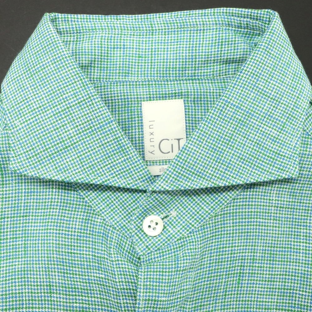 [Used] CIT LUXURY Linen Houndstooth Horizontal Collar Casual Shirt Green [38] [Condition Rank A] [Men&