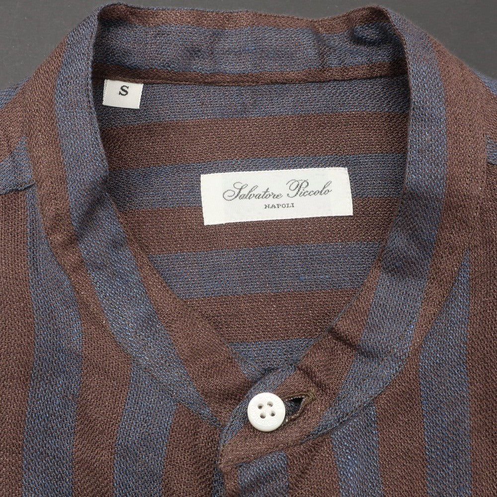 [Used] [Unused] Salvatore Piccolo Linen Striped Band Collar Casual Shirt Brown x Blue [S] [Condition Rank S] [Men&