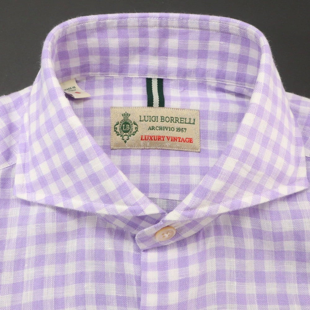 【中古】【未使用】ルイジボレッリ ラグジュアリーヴィンテージ LUIGIBORRELLI LUXURY VINTAGE リネン ギンガムチェック ホリゾンタルカラー カジュアルシャツ パープルxホワイト【 S 】【 状態ランクS 】【 メンズ 】 [APD]
