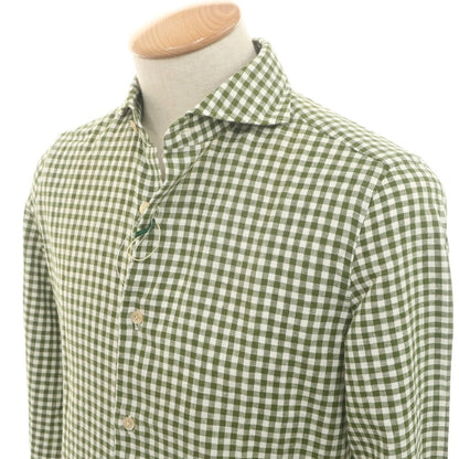 [Used] [Unused] Luigi Borrelli Luxury Vintage LUIGIBORRELLI LUXURY VINTAGE Linen cotton gingham check horizontal collar casual shirt olive green x white [S] [Condition rank S] [Men&