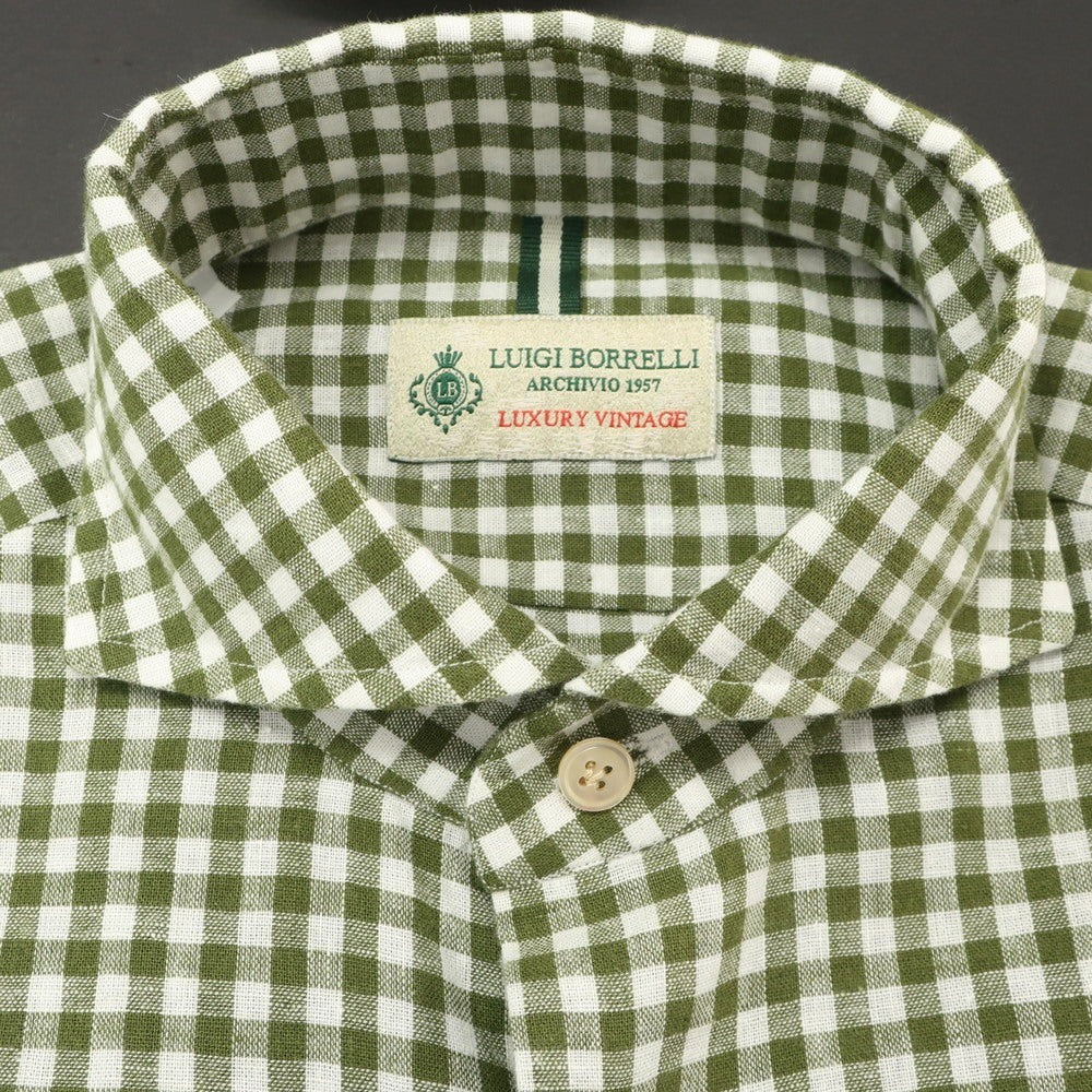 [Used] [Unused] Luigi Borrelli Luxury Vintage LUIGIBORRELLI LUXURY VINTAGE Linen cotton gingham check horizontal collar casual shirt olive green x white [S] [Condition rank S] [Men&