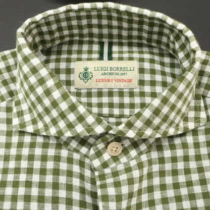 [Used] [Unused] Luigi Borrelli Luxury Vintage LUIGIBORRELLI LUXURY VINTAGE Linen cotton gingham check horizontal collar casual shirt olive green x white [S] [Condition rank S] [Men&