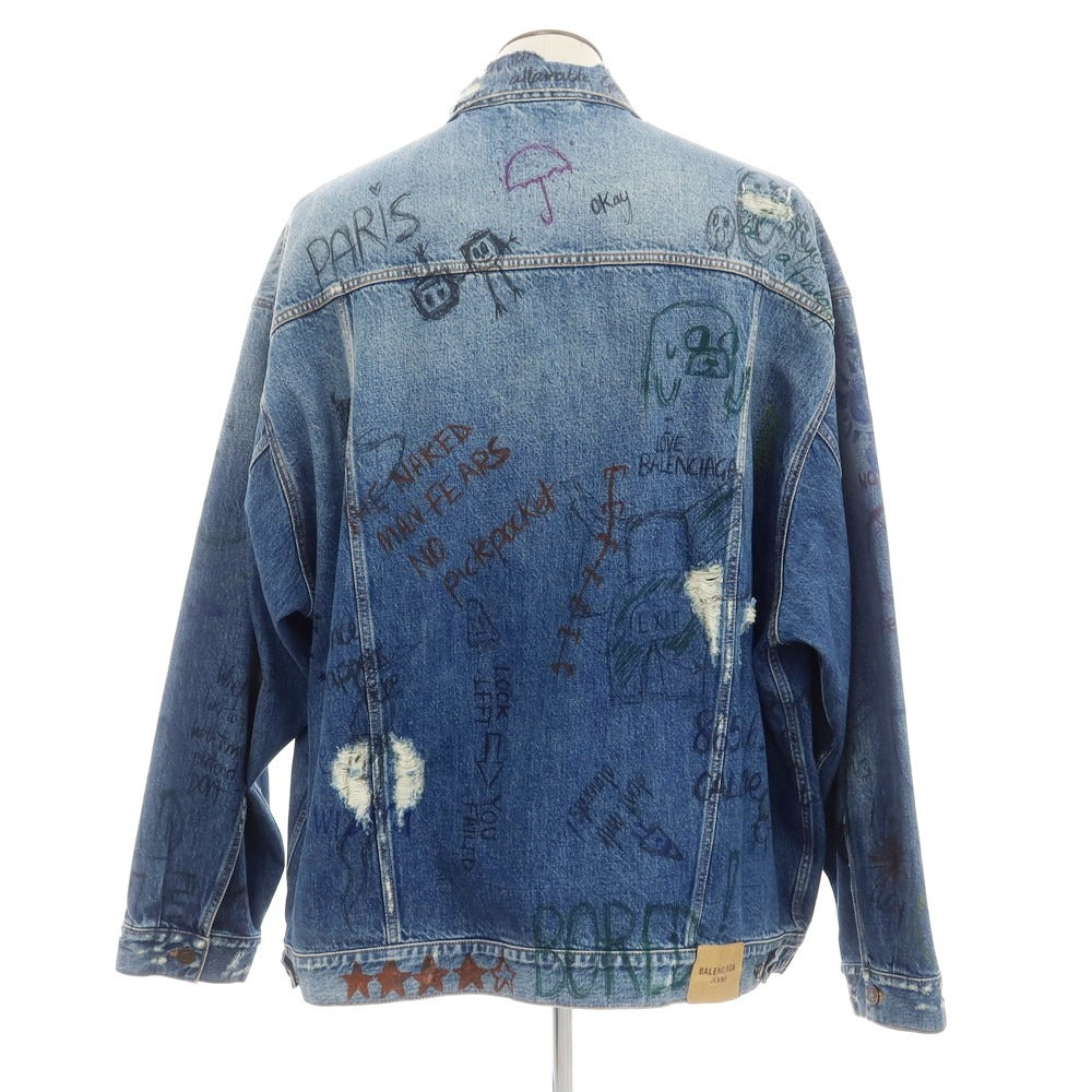 【中古】バレンシアガ BALENCIAGA ビッグシルエット ペイント コットン デニムジャケット ブルー【サイズ5】【 状態ランクB 】【 メンズ 】[EPD]