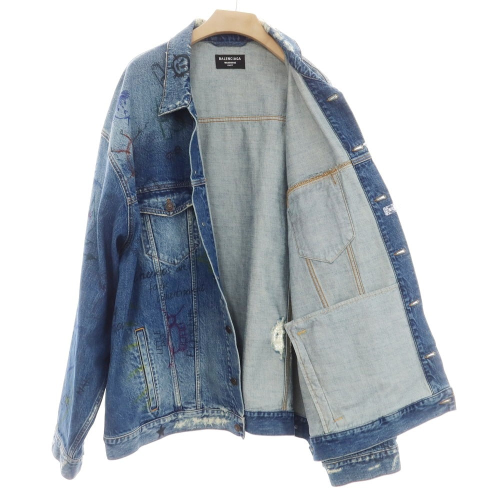 【中古】バレンシアガ BALENCIAGA ビッグシルエット ペイント コットン デニムジャケット ブルー【サイズ5】【 状態ランクB 】【 メンズ 】[EPD]
