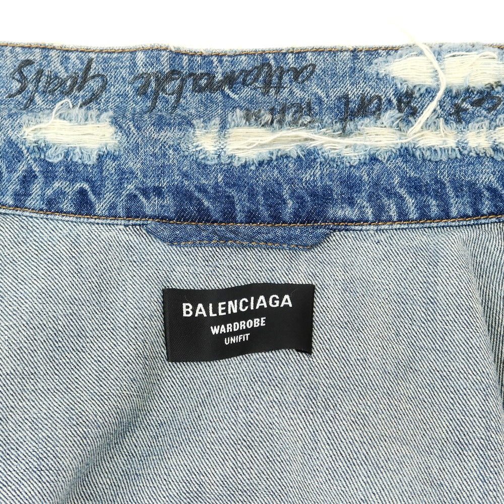 【中古】バレンシアガ BALENCIAGA ビッグシルエット ペイント コットン デニムジャケット ブルー【サイズ5】【 状態ランクB 】【 メンズ 】[EPD]