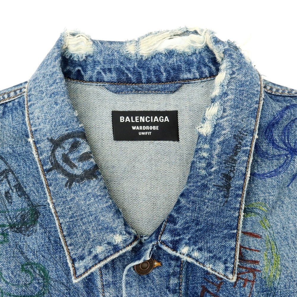 【中古】バレンシアガ BALENCIAGA ビッグシルエット ペイント コットン デニムジャケット ブルー【サイズ5】【 状態ランクB 】【 メンズ 】[EPD]