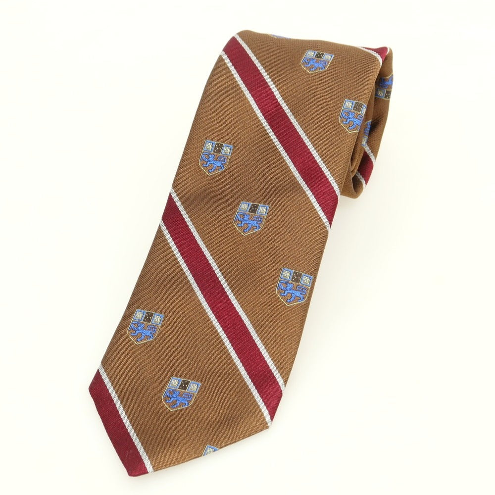 【中古】ブロックルハースト BROCKLEHURST シルク クレスト ストライプ柄ネクタイ ブラウンxワインレッド【 状態ランクB 】【 メンズ 】 [APD]