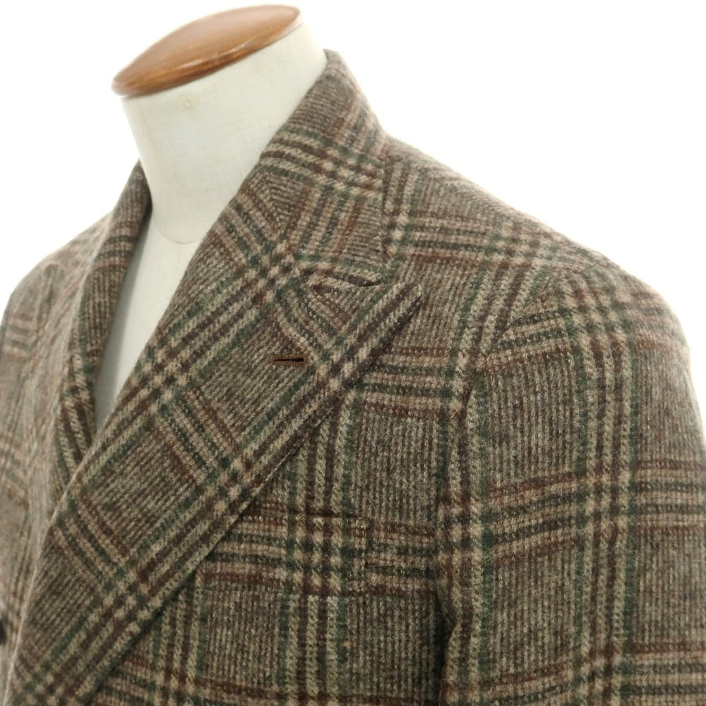 【新品】バルバ BARBA アルパカウールナイロン チェック テーラードジャケット ブラウン系xグリーン【 48 】【 状態ランクN 】【 メンズ 】