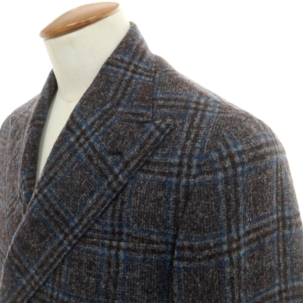 【新品】バルバ BARBA アルパカウールナイロン チェック ダブル テーラードジャケット グレー×ダークレッドxブルー【 48 】【 状態ランクN 】【 メンズ 】