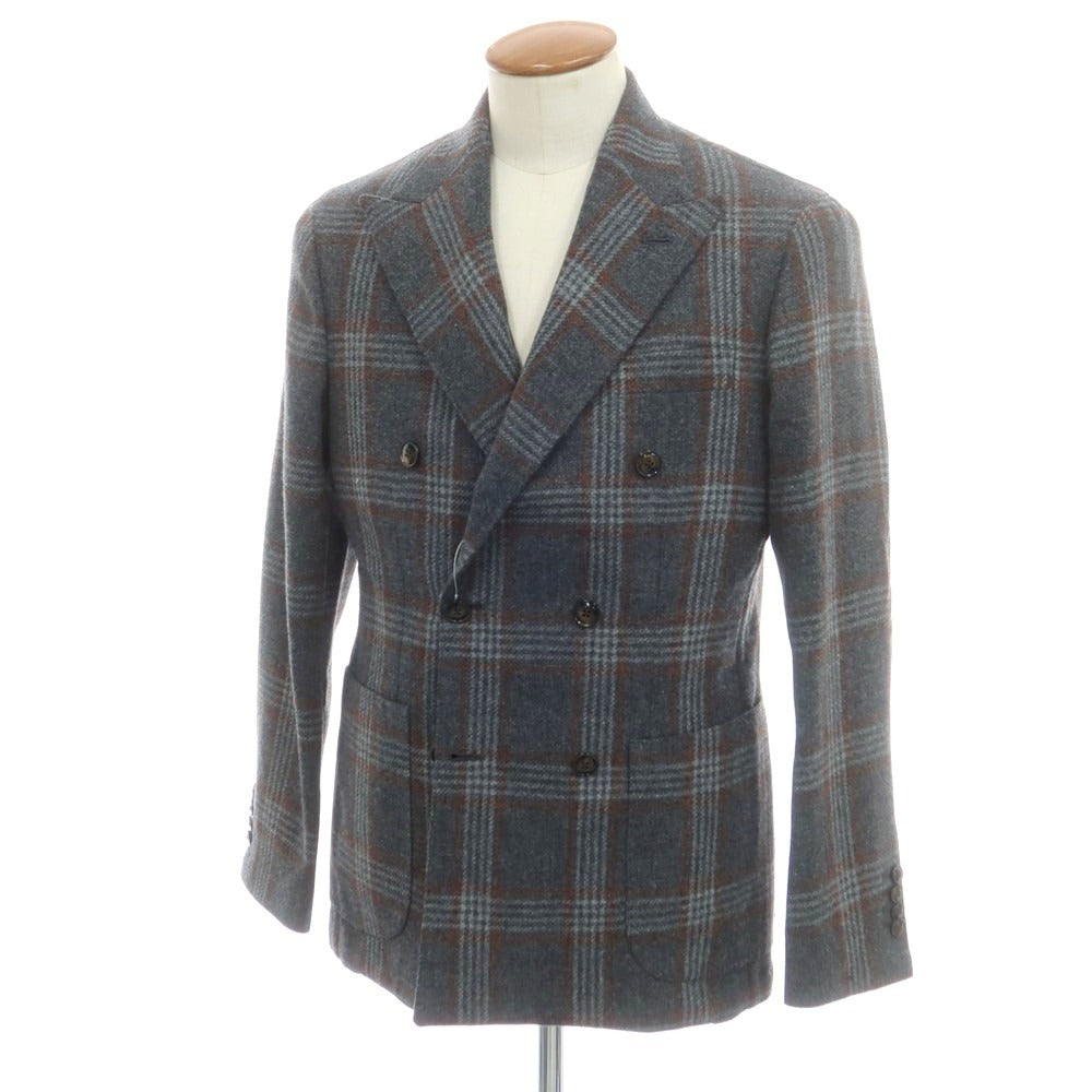 【新品】バルバ BARBA ウール チェック ダブル  テーラードジャケット グレーxブラウン【 48 】【 状態ランクN 】【 メンズ 】
