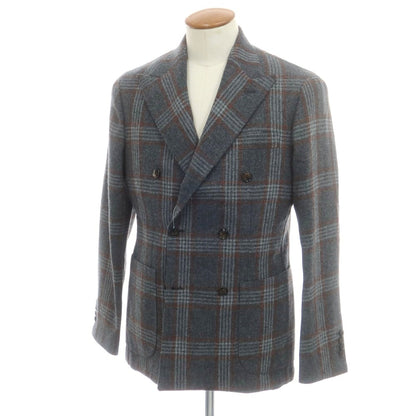 【新品】バルバ BARBA ウール チェック ダブル テーラードジャケット グレーxブラウン【 48 】【 状態ランクN 】【 メンズ 】