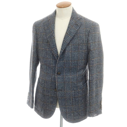 【新品】バルバ BARBA アルパカウールナイロン チェック テーラードジャケット グレーネイビー系xブラウン【 48 】【 状態ランクN 】【 メンズ 】