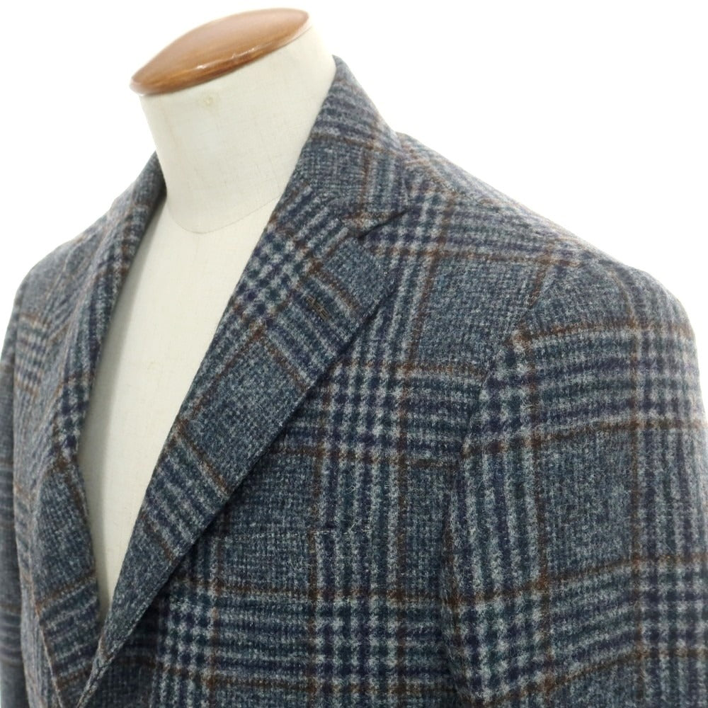 【新品】バルバ BARBA アルパカウールナイロン チェック テーラードジャケット グレーネイビー系xブラウン【 48 】【 状態ランクN 】【 メンズ 】