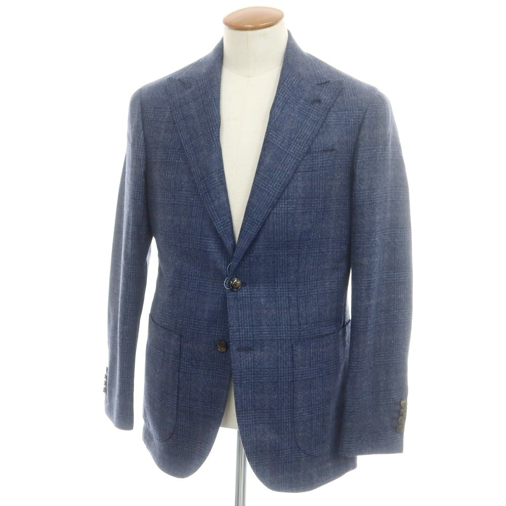 【新品】バルバ BARBA ウールカシミヤ チェック テーラードジャケット ダークブルー系【 48 】【 状態ランクN 】【 メンズ 】