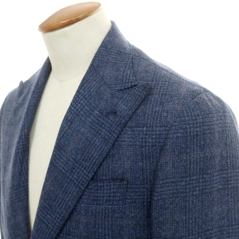 【新品】バルバ BARBA ウールカシミヤ チェック テーラードジャケット ダークブルー系【 48 】【 状態ランクN 】【 メンズ 】