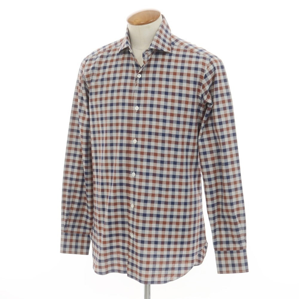 [New] BARBA CULTO Cotton Check Casual Shirt Light Gray x Navy x Brown [39] [Condition Rank N] [Men&