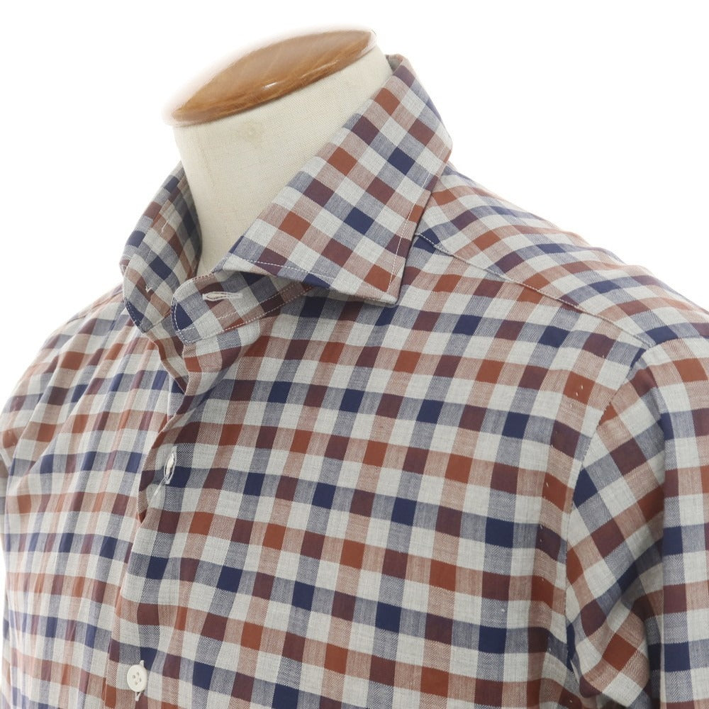 【新品】バルバ BARBA CULTO コットン チェック カジュアルシャツ ライトグレーxネイビー×ブラウン【サイズ39】【 状態ランクN 】【 メンズ 】[EPD]