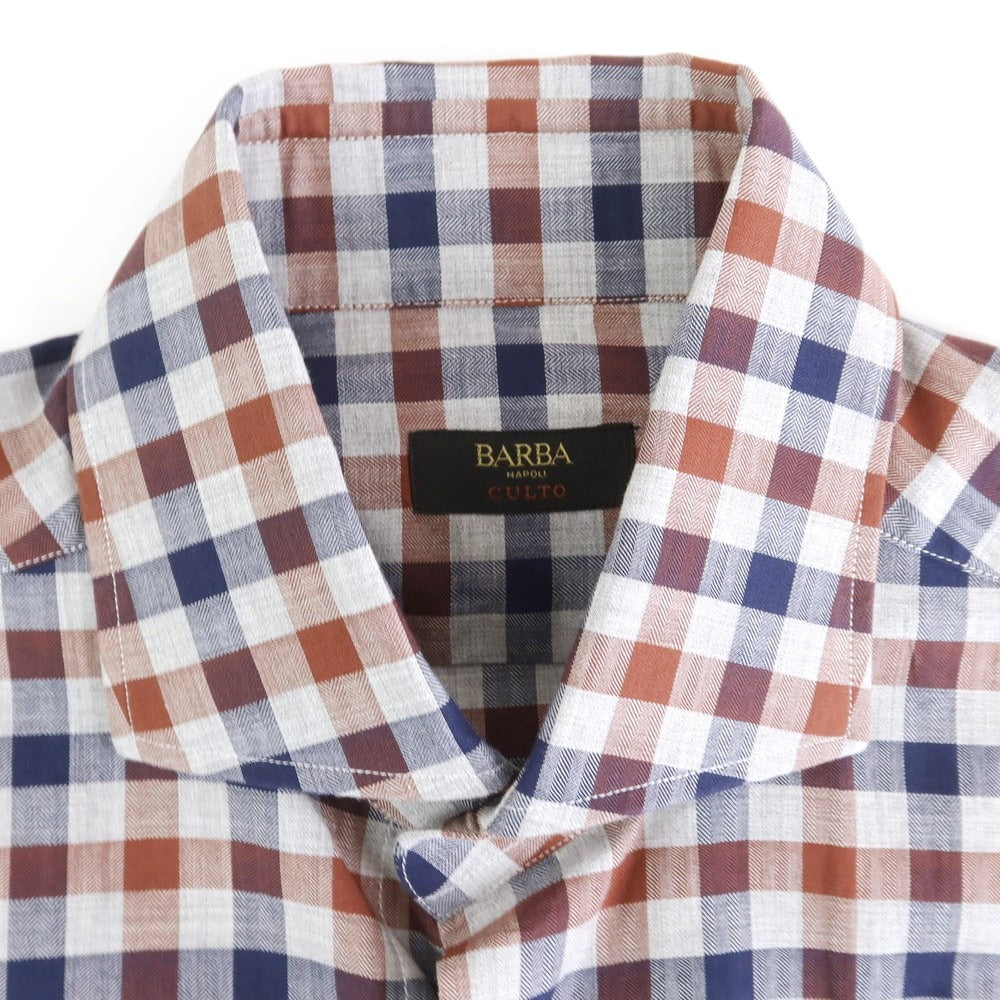 【新品】バルバ BARBA CULTO コットン チェック カジュアルシャツ ライトグレーxネイビー×ブラウン【サイズ39】【 状態ランクN 】【 メンズ 】[EPD]